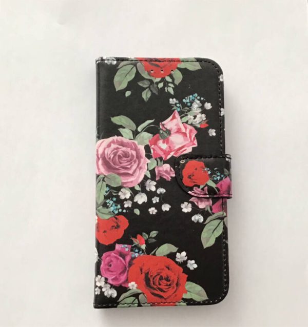 Motorola G6 plus /. Bookcase zwart met bloemen ? Motorola G6 plus/G6+