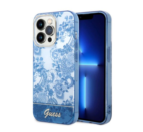 Guess hoesje voor IPhone 14pro Max - backcover - Porselein Collectie - Blauw